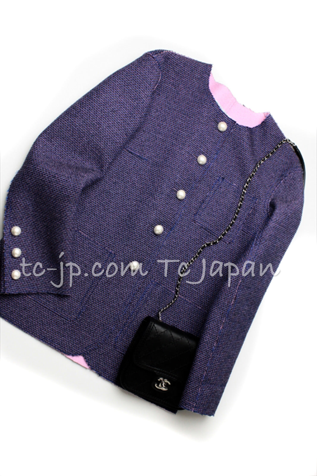 CHANEL 13S Indigo Navy Purple Pink Pearl Big CC Button Tweed Jacket 38 シャネル インディゴネイビー・パープル・ピンク・パール ビッグ CC ボタン・ノーカラー ツイード・ジャケット 即発
