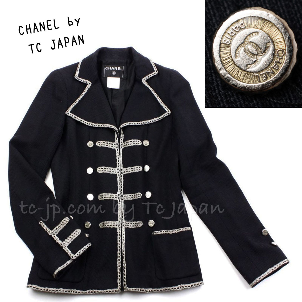CHANEL 06S Navy Black Silver Napoleon Military Cotton Blazer Jacket 40 42 シャネル ネイビー・ブラック・ミリタリー・ナポレオン・コットン・ブレザー ジャケット 即発 - TC JAPAN