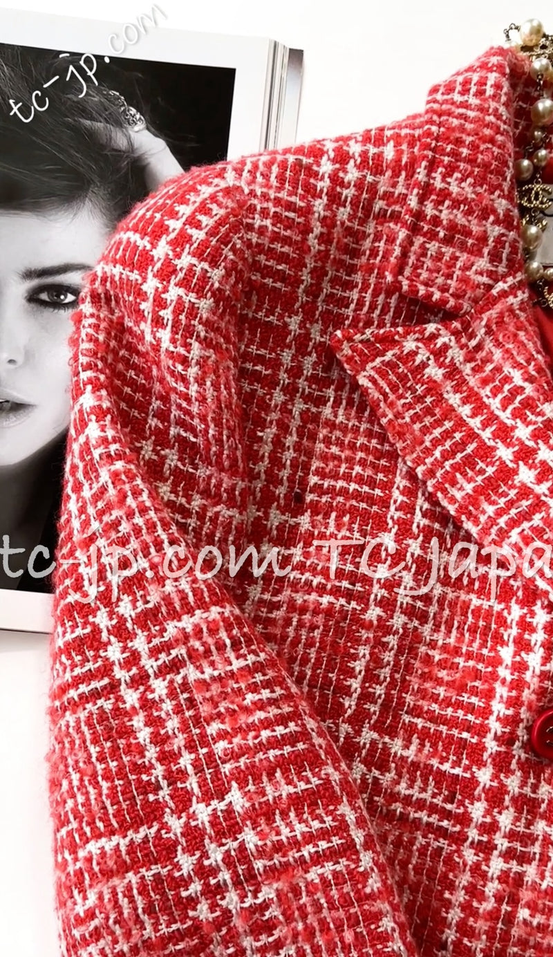 CHANEL 97S Vintage Red White Checked Wool Mohair Tweed Coat Jacket 36 シャネル ヴィンテージ レッド ホワイト ウール プードル モヘア ツイード コート ジャケット 即発