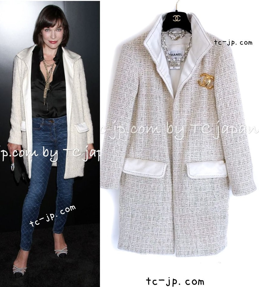 シャネル　シルクツイード　ベージュ　希少　36 シャネル アイボリー クリーム メタリック シルク襟 モヘア