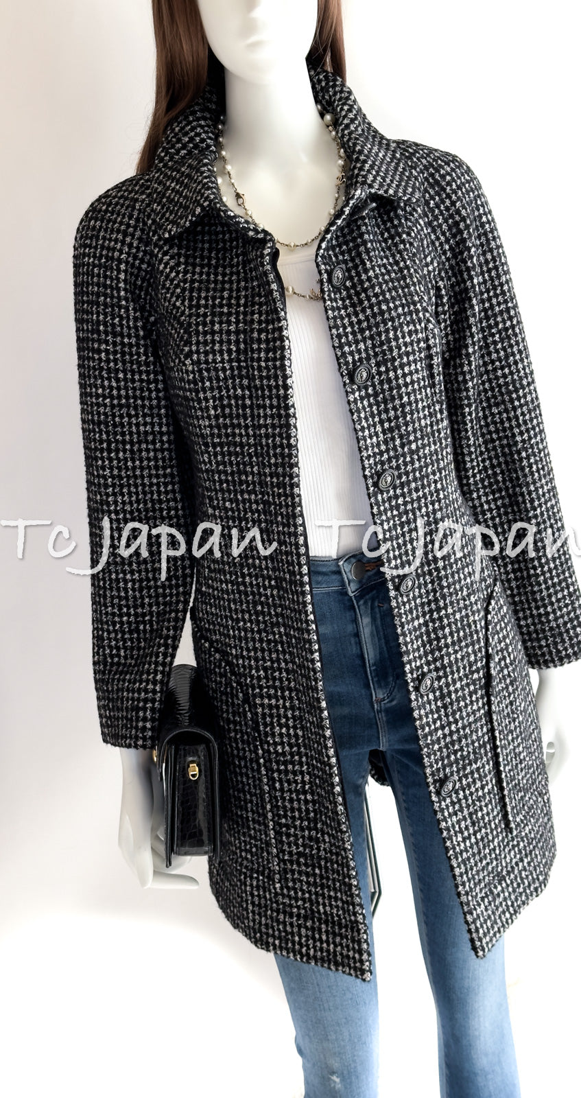 CHANEL 14B New NWT Black White Wool Silk Rama Tweed Long Jacket Coat 36  シャネル ブラック ホワイト ウール ラマ シルク ツイード コート 即発