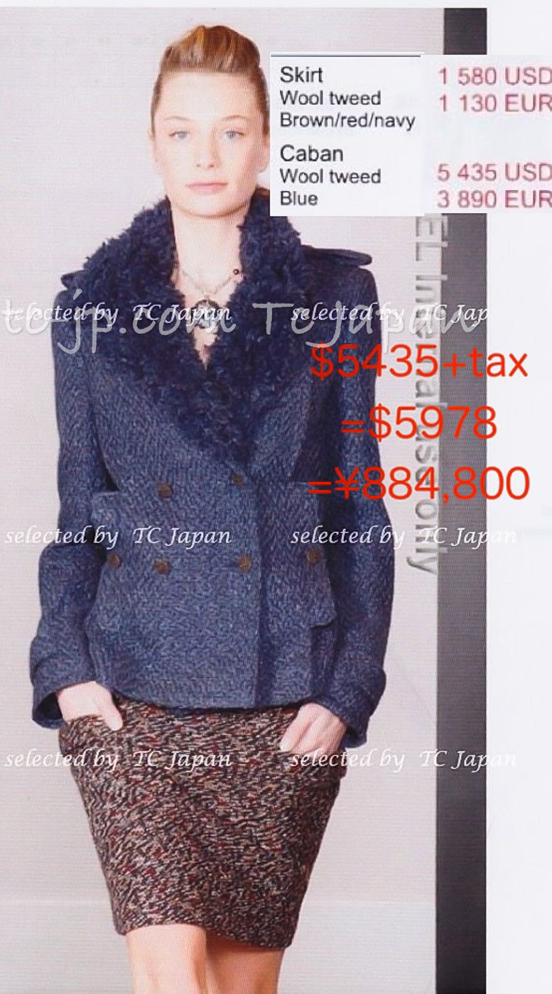 CHANEL 12A Navy Boa Collars Wool Double Breasted Tweed Jacket Coat 36 38  シャネル ネイビー・ボア襟付き・ウール・ダブル・コート・ジャケット 即発