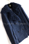 CHANEL 12A Navy Boa Collars Wool Double Breasted Tweed Jacket Coat 36 38 シャネル ネイビー・ボア襟付き・ウール・ダブル・コート・ジャケット 即発