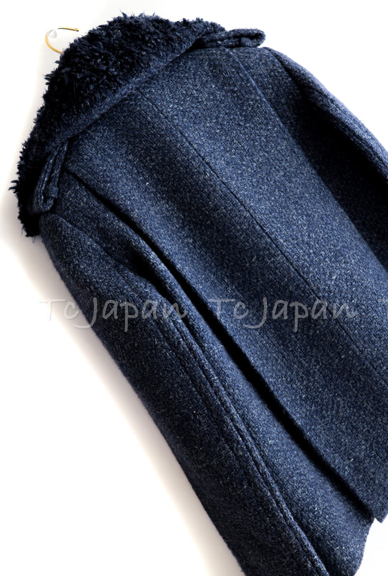 CHANEL 12A Navy Boa Collars Wool Double Breasted Tweed Jacket Coat 36 38 シャネル ネイビー・ボア襟付き・ウール・ダブル・コート・ジャケット 即発