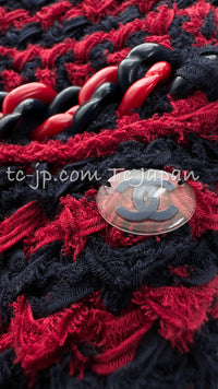 CHANEL 18PS Red Navy Striped Chain trimming Knit Cardigan 36 38 シャネル・レッド ネイビー ストライプ・ チェーントリム・ニット・カーディガン 即発