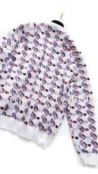 CHANEL 19S Off White Purple Parasol Sequin V Neck Sweater 38 40 42 44 シャネル オフホワイト  パープルパラソル柄  スパンコールVネック セーター 即発