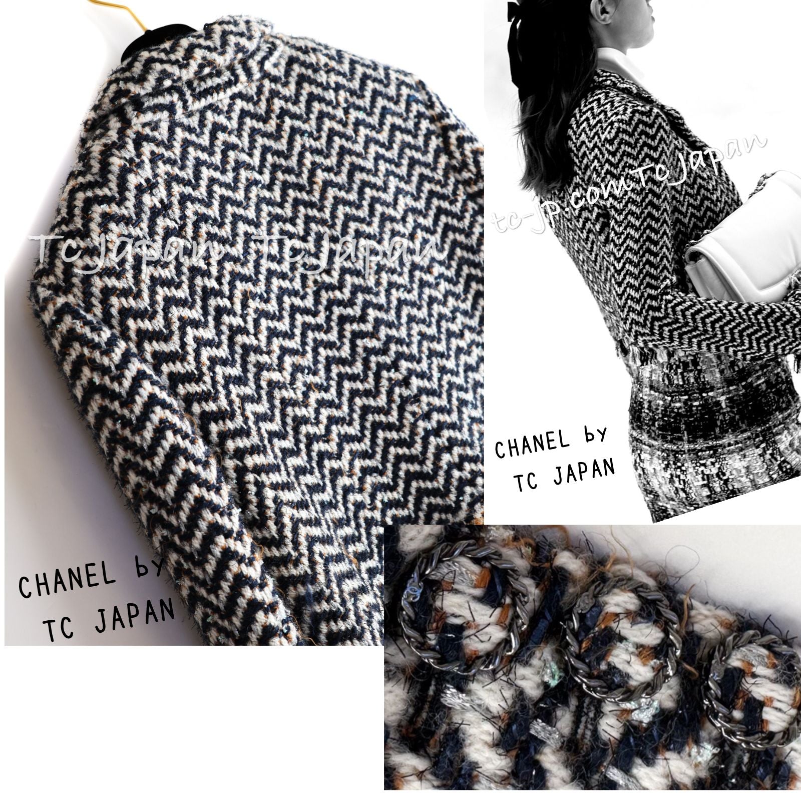 CHANEL 19A Navy Ivory Mix Tweed Cropped Fringe Jacket 38 シャネル  アイボリー・ネイビー・シェベロン・クロップド・フリンジ・ミックス・ツイード・ジャケット