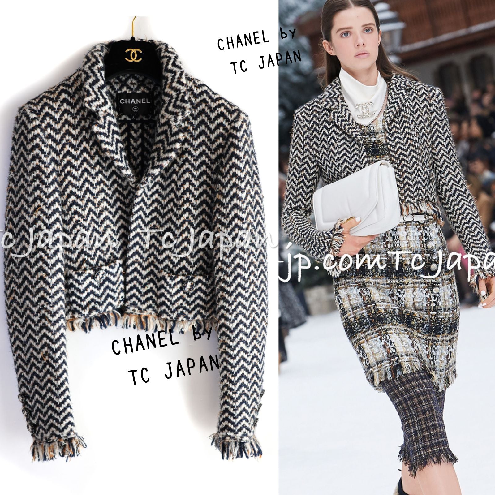 CHANEL 19A Navy Ivory Mix Tweed Cropped Fringe Jacket 38 シャネル  アイボリー・ネイビー・シェベロン・クロップド・フリンジ・ミックス・ツイード・ジャケット