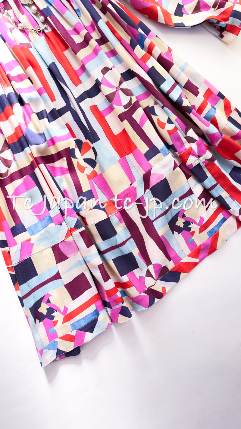 CHANEL 16C Multi Color Silk Runway Long Sleeve Flared Dress 36 シャネル マルチカラー パラソル柄 シルク 長袖 フレアー ワンピース 即発