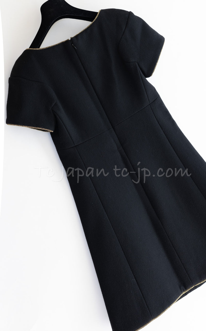 CHANEL 15PF Black Gold Trim Melton Wool 100 Dress 34 36 シャネル ブラック ゴールド トリム メルトン ウール ワンピース 即発