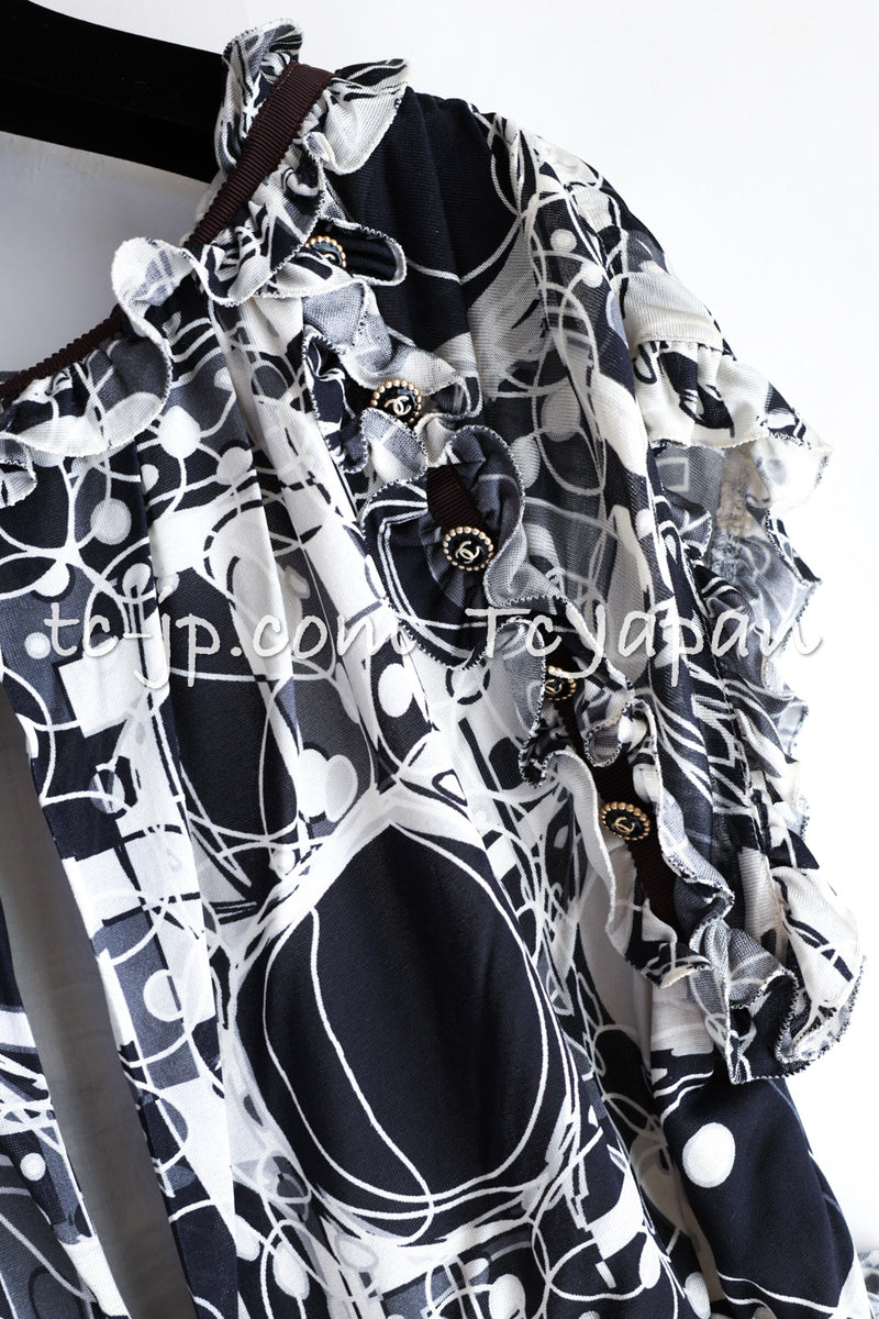 CHANEL 08S Gray White Ruffle Accent Silk Dress 38 シャネル グレー ホワイト ラッフル シルク100% ワンピース 即発