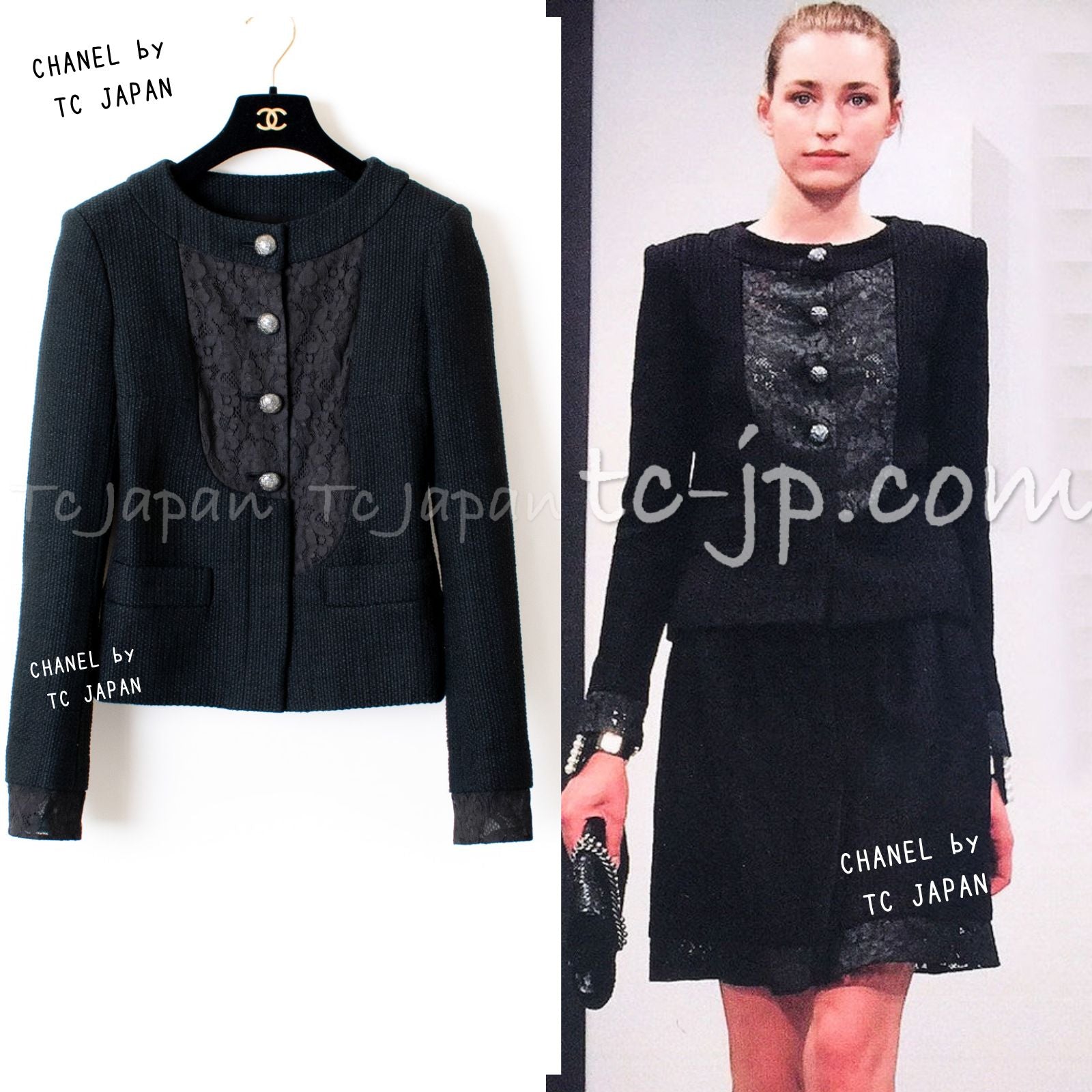 CHANEL 15S Keira Knightley Black Lace Cotton Tweed Jacket CC Button 46 シャネル  キーラ ナイトレイ着用 ブラック ツイード ジャケット ココボタン 希少サイズ 即発