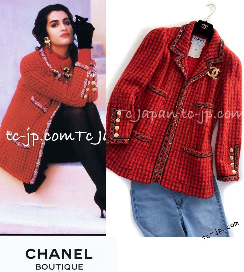 シャネル ヴィンテージ レッド キャンペーン広告 限定品 ビーズトリム ウール ツイード ジャケット CHANEL 90A Vintage  Campaign Ad Limited Red Beads Trim Tweed Jacket – TC JAPAN