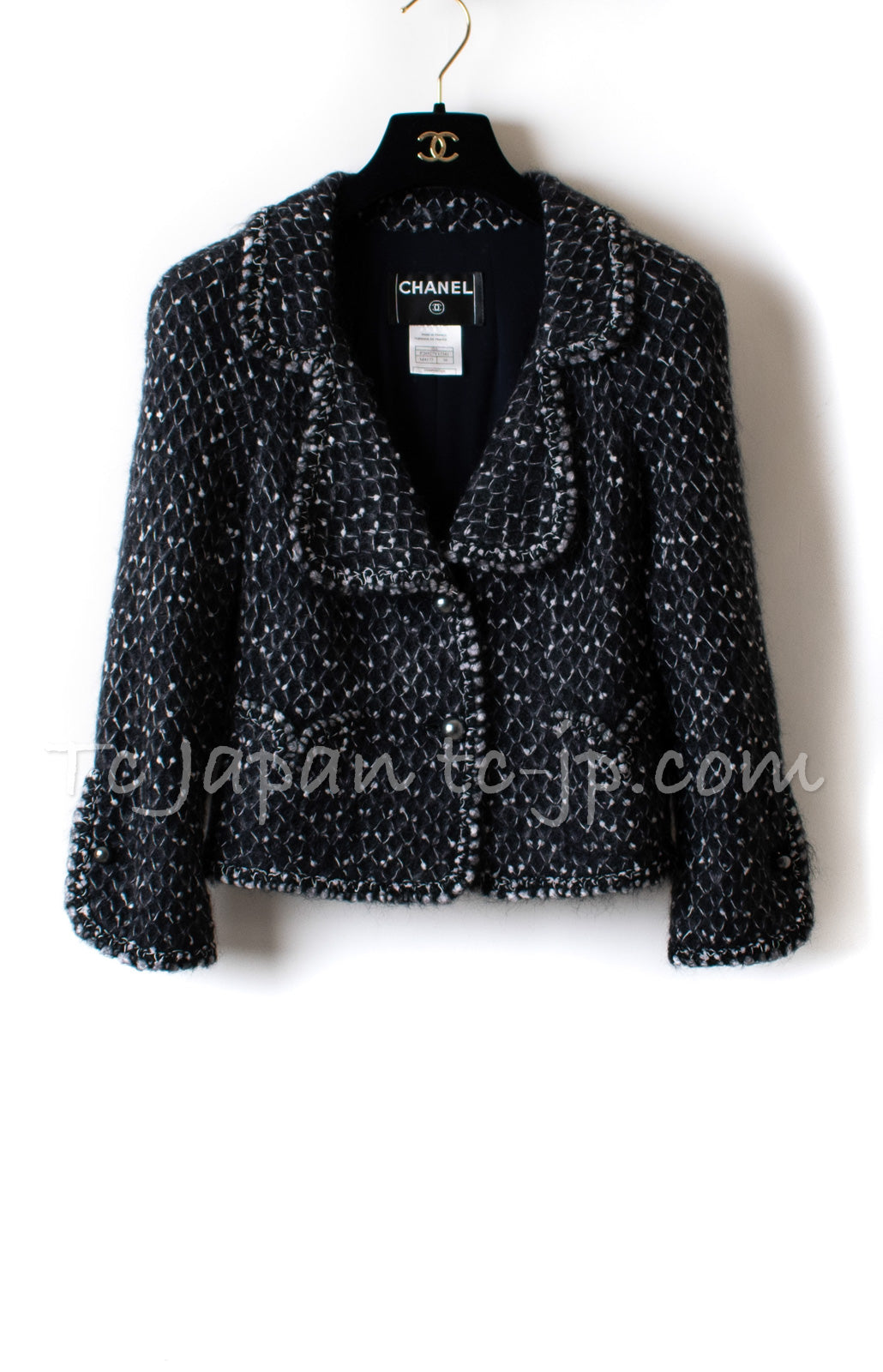 CHANEL Black Grey Vanessa Paradis Mohair Tweed Jacket CC Pearl Button 38  シャネル ヴァネッサ パラディ着用 ブラック グレー モヘア ツイード ジャケット パール ボタン 即発