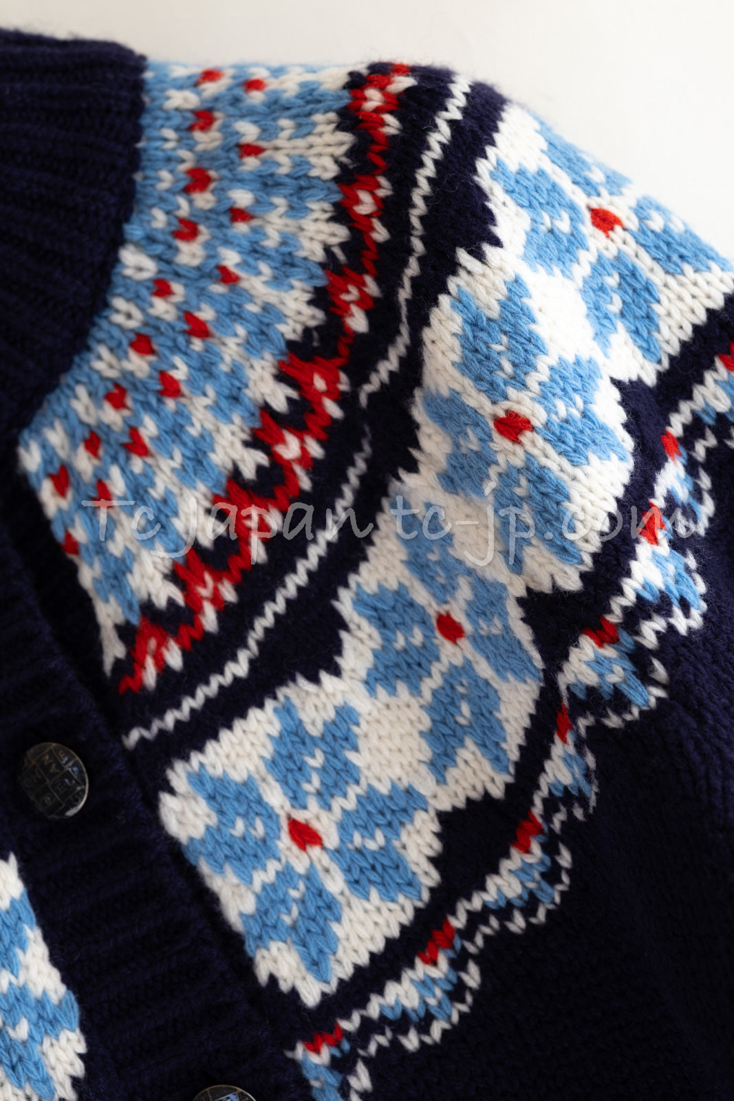 CHANEL 18N Coco Neige Navy Nordic Wool Knit Cardigan 38 40 シャネル ココ ネージュ  ネイビー ノルディック ウール ニット カーディガン 即発