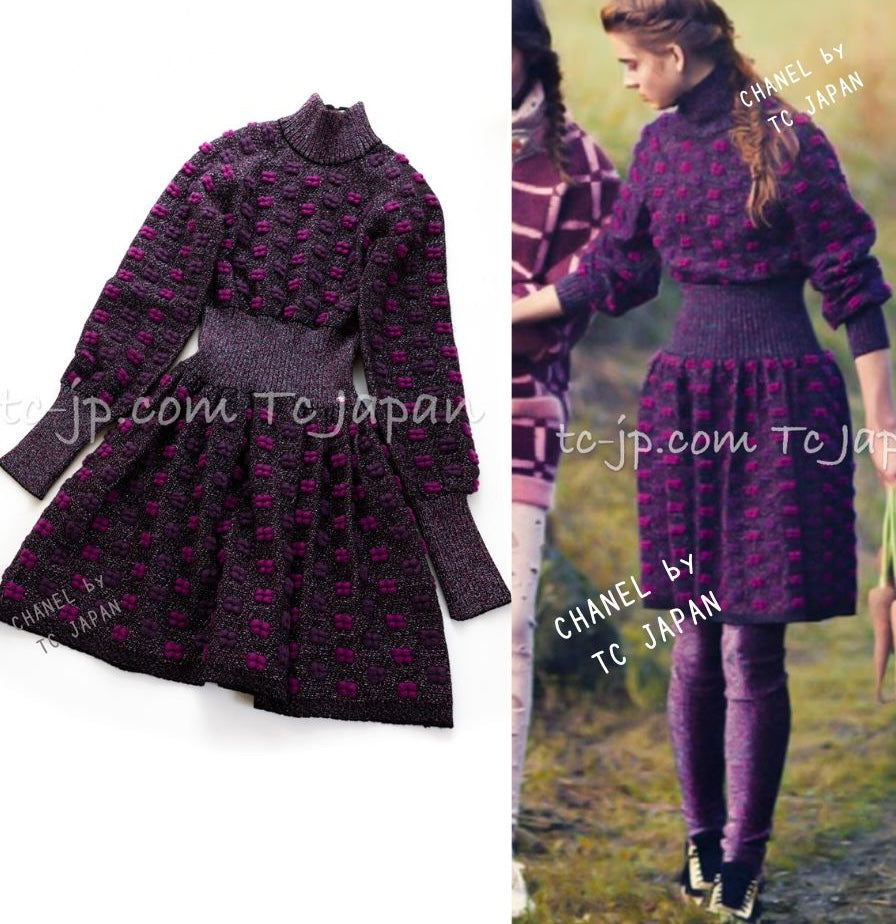 CHANEL 14A Purple Magenta Violet Wool Mohair Ribbon Knit Dress 34 シャネル パープル  マジェンタ リボン ウール モヘア ニット ワンピース 即発