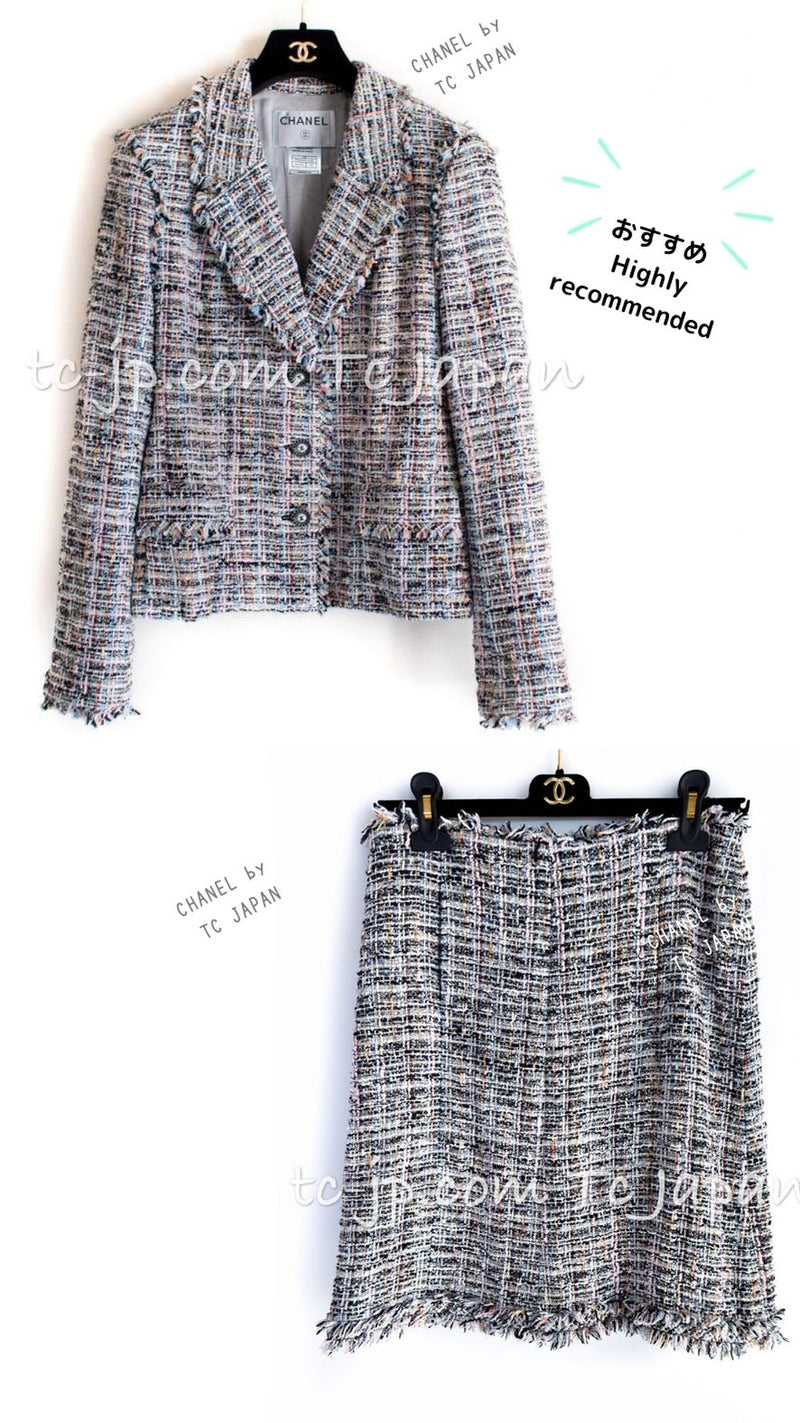 CHANEL 04S Blue Mix Fringe Cotton Lesage Tweed Jacket Skirt Suit Daisy CC 38 シャネル ブルー マルチ ルサージュ ツイード ジャケット スカート スーツ デイジー CCボタン 即発
