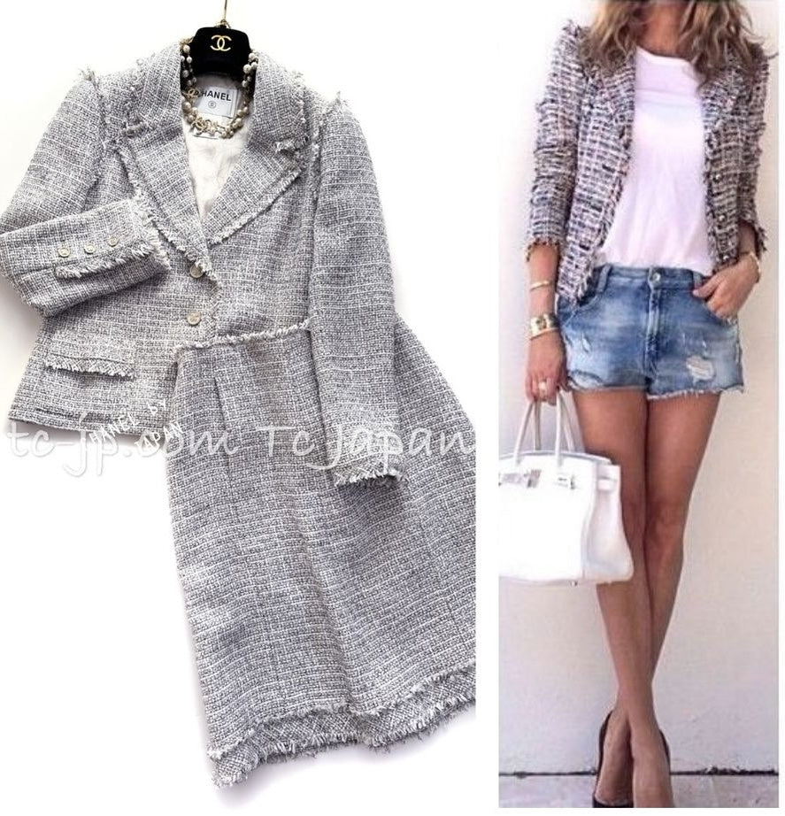 CHANEL 04S Ivory Gray  Cotton Linen Tweed Jacket Skirt Suit 38 シャネル アイボリー・グレー・コットン・リネン・ツイード・ジャケット・スカート・スーツ 即発