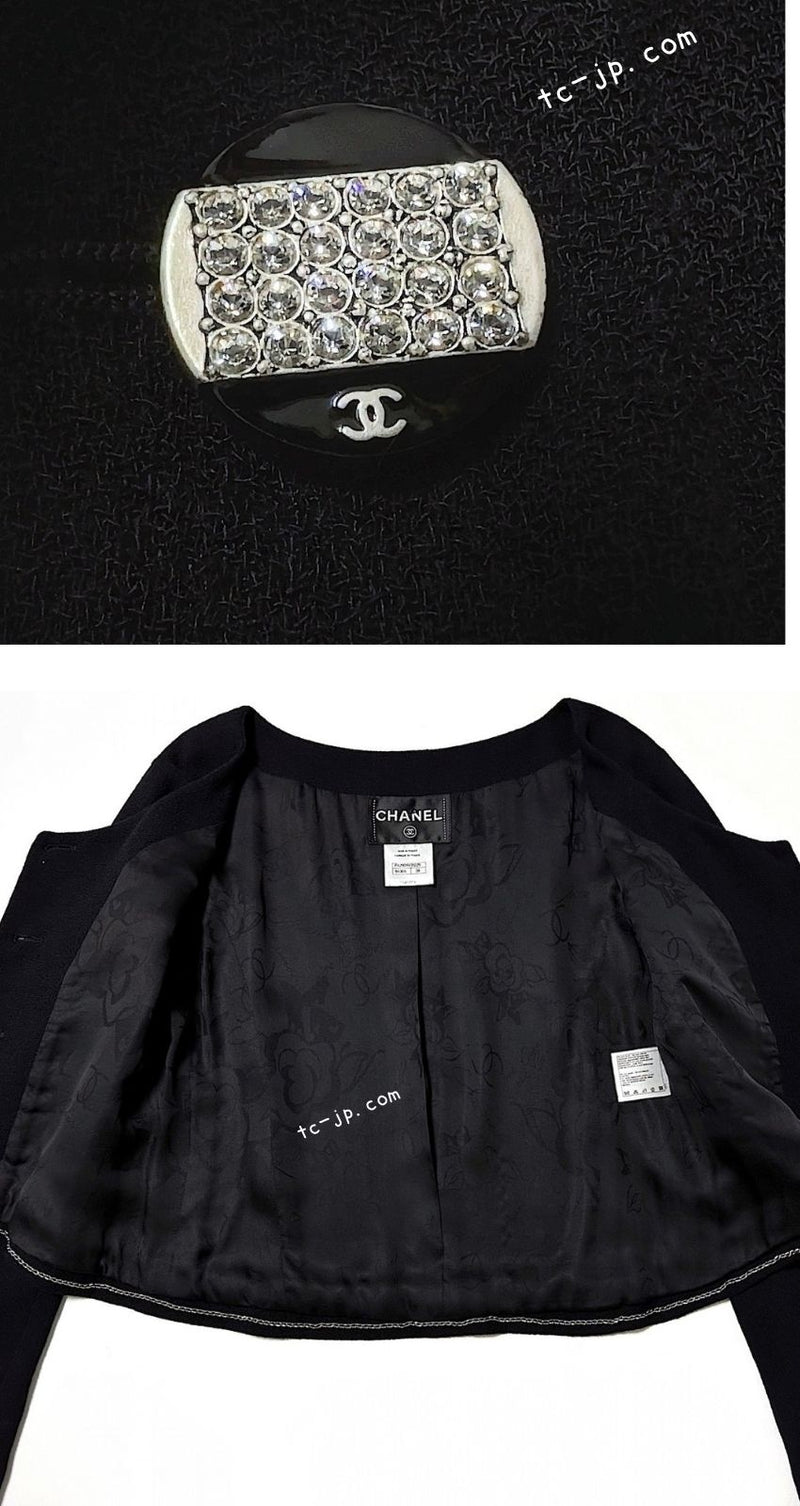 CHANEL 12C Black Round Neck Wool Rhinestone Buttons Jacket 36 38 シャネル ブラック ウール100% 襟なし ラインストーン ボタン ジャケット 即発