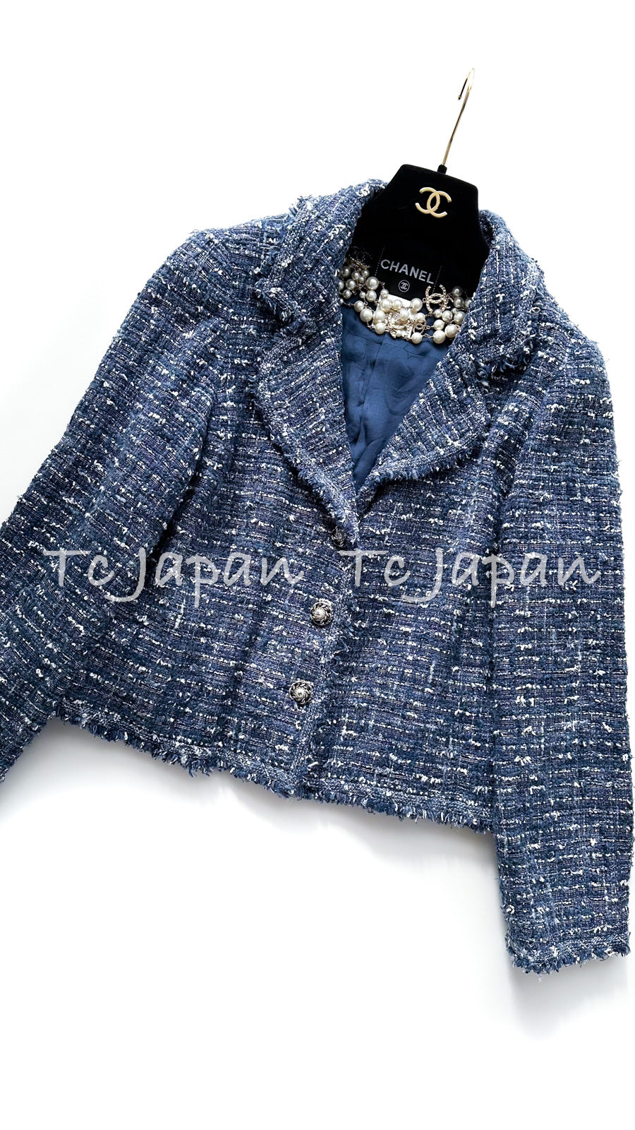 CHANEL 10S Blue Navy Metallic Pearl leather CC Button Tweed Jacket 42 シャネル  ネイビー パール レザー CC ボタン ルサージュ ツイード ジャケット 即発