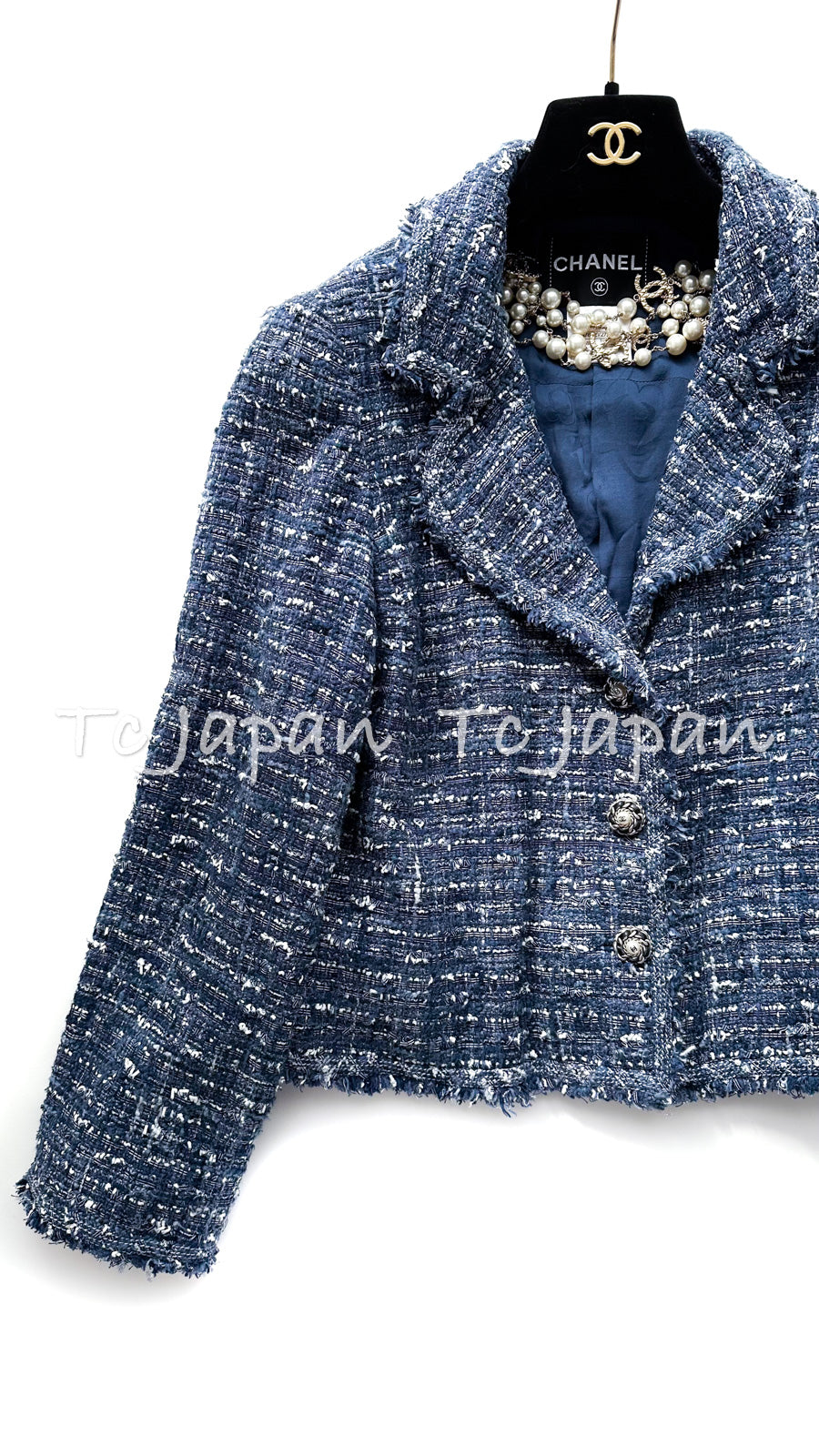 CHANEL 10S Blue Navy Metallic Pearl leather CC Button Tweed Jacket 42 シャネル  ネイビー パール レザー CC ボタン ルサージュ ツイード ジャケット 即発