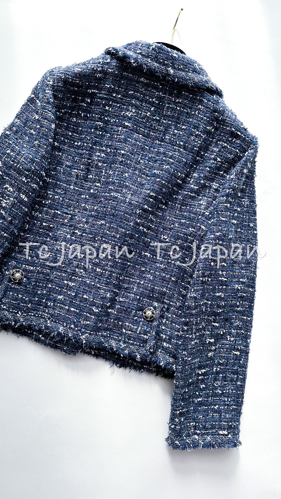 CHANEL 10S Blue Navy Metallic Pearl leather CC Button Tweed Jacket 42 シャネル  ネイビー パール レザー CC ボタン ルサージュ ツイード ジャケット 即発