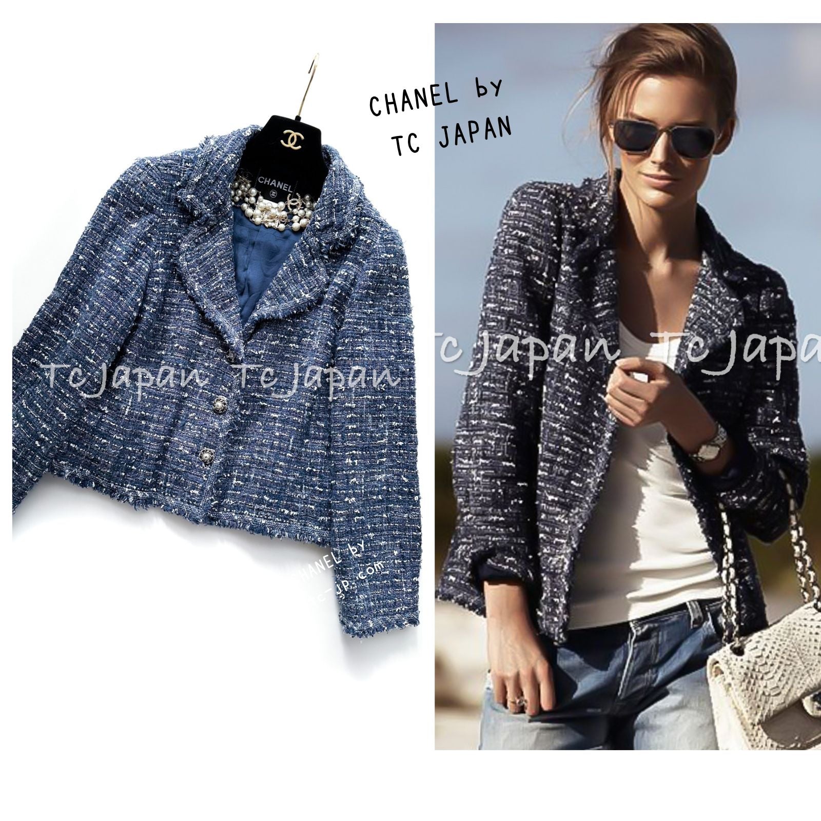 CHANEL 10S Blue Navy Metallic Pearl leather CC Button Tweed Jacket 42 シャネル  ネイビー パール レザー CC ボタン ルサージュ ツイード ジャケット 即発