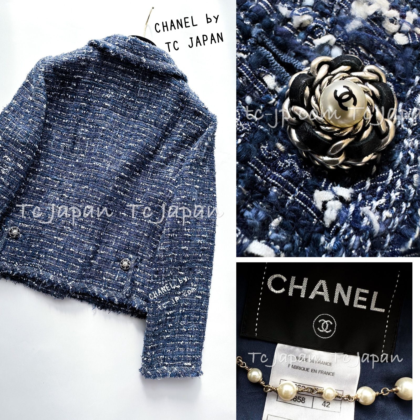 CHANEL 10S Blue Navy Metallic Pearl leather CC Button Tweed Jacket 42 シャネル  ネイビー パール レザー CC ボタン ルサージュ ツイード ジャケット 即発