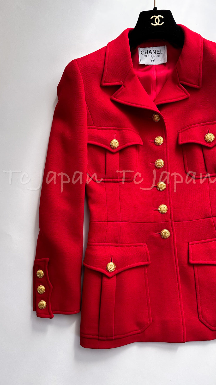 シャネル ヴィンテージ レッド 赤 ゴールド CC ボタン ウール ミリタリー ジャケット スカート スーツ CHANEL 96A