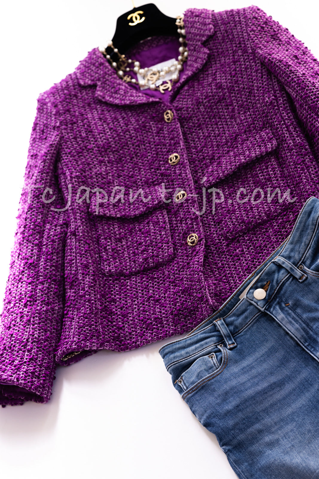 CHANEL 21C Purple Cotton Tweed Jacket CC Button 38 40 シャネル パープル コットン ツイード  ジャケット CCボタン 即発