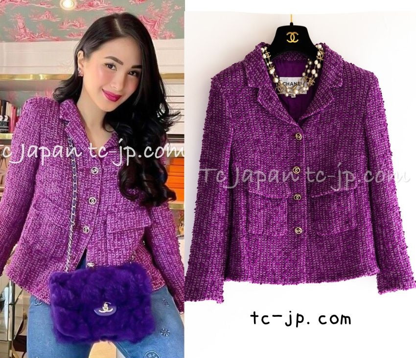 CHANEL 21C Purple Cotton Tweed Jacket CC Button 38 40 シャネル パープル コットン ツイード  ジャケット CCボタン 即発