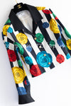 CHANEL 88S Vintage Black Bold Striped Camellia Print Cotton Runway Shirt Jacket 36 38 シャネル ヴィンテージ ブラック カラフル ストライプ カメリア コットン ランウェイ シャツ ジャケット 即発