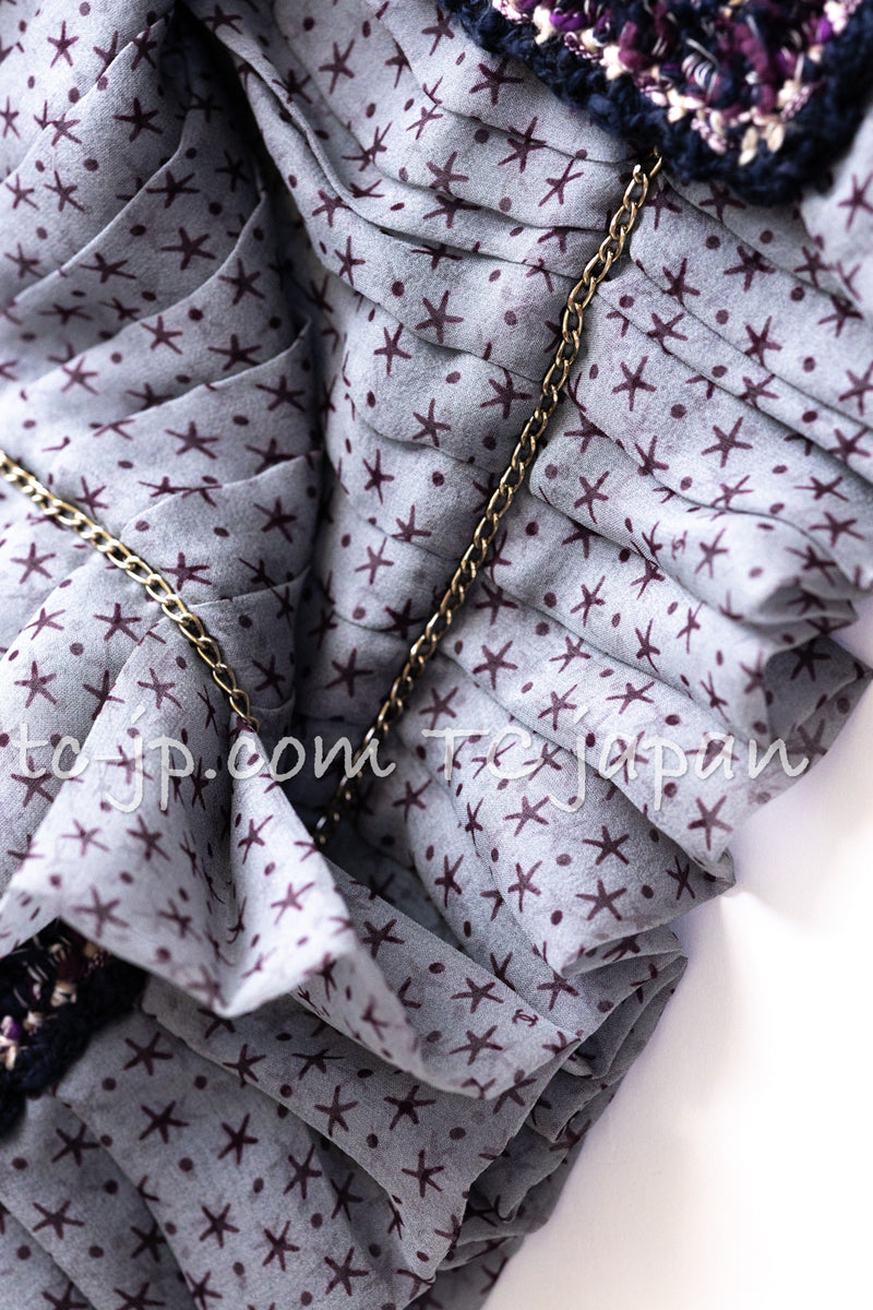 CHANEL 12S Purple Gray Cotton Tweed Silk Star Pleated Ruffle Jacket 34 シャネル パープル グレー コットン ツイード シルク スター プリーツ ラッフル ノーカラー ジャケット 即発