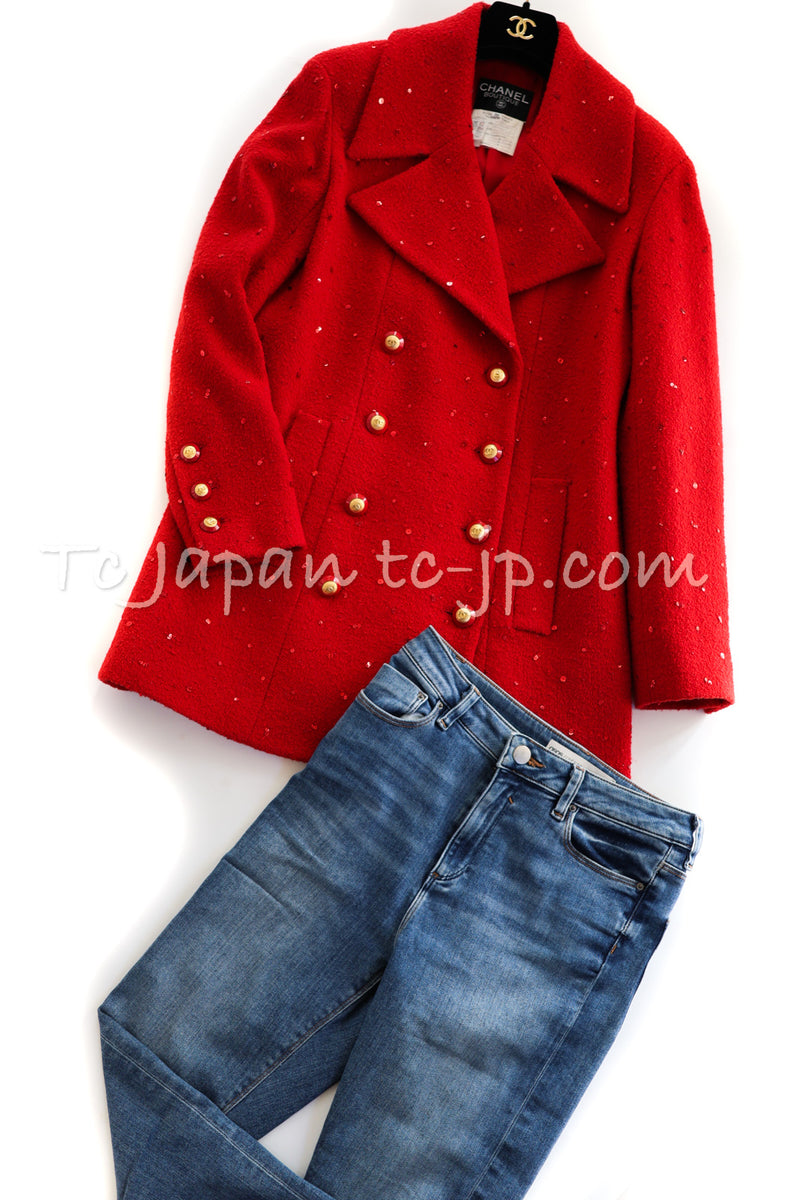 CHANEL 93A Vintage Red Sequin Wool Jacket Coat 38 40 42 シャネル ヴィンテージ レッド スパンコール ウール ジャケット コート 即発