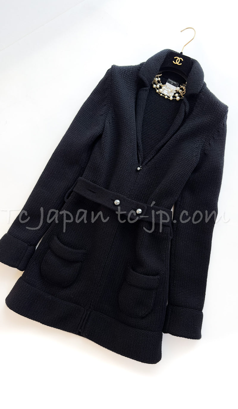CHANEL 03A Black Cashmere Pearl Belt Knit Long Cardigan Jacket Coat 38 シャネル ブラック カシミア100% パールベルト ニット ロングカーディガン ジャケット コート 即発