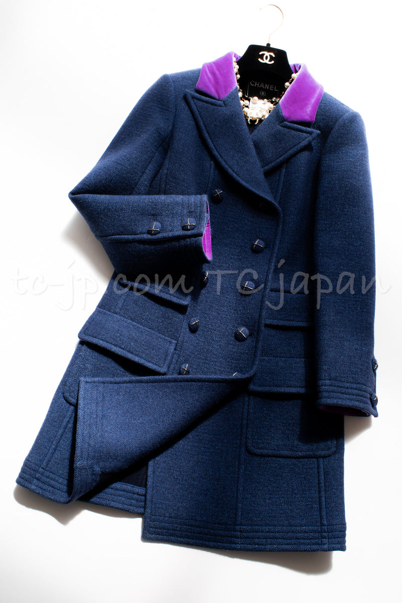 CHANEL 07A Navy Purple Velvet Collar Cashmere Wool Coat 34 36 シャネル ネイビー パープル ベルベット襟 カシミヤ ウール コート 即発