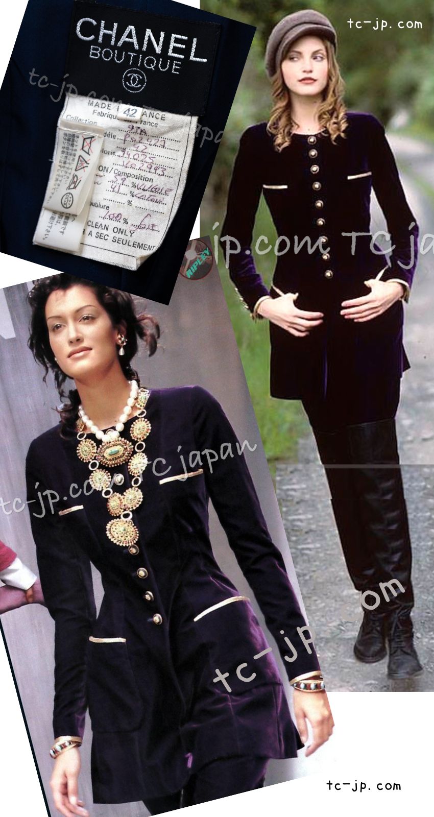 シャネル ヴィンテージ ダーク ネイビー ゴールド トリム ベルベット ロング ジャケット コート CHANEL 93A Vintage Dark  Navy Gold Trim Velvet Long Jacket Coat – TC JAPAN