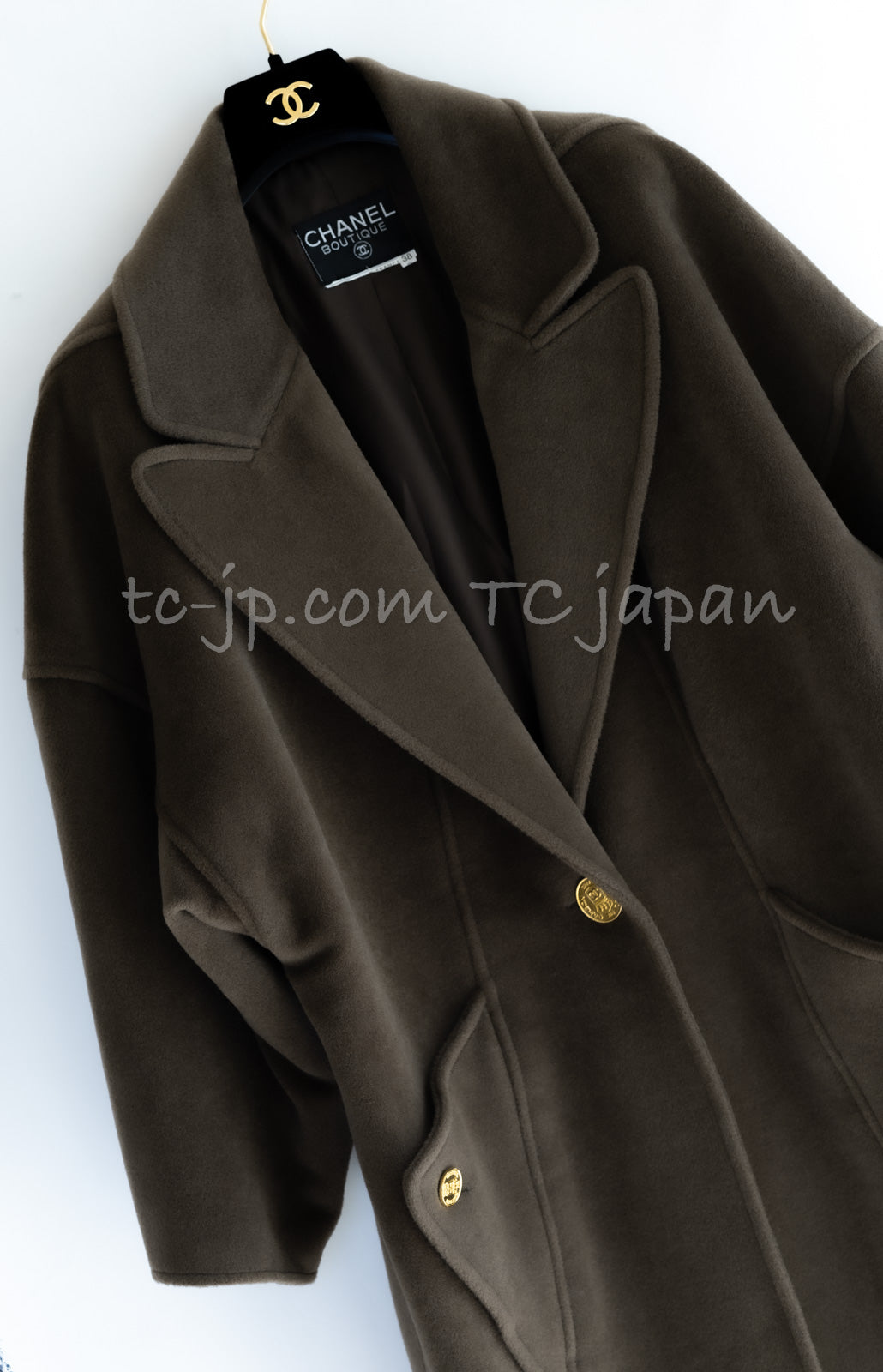 CHANEL 90's Vintage Olive Brown Cashmere 100 Gold CC Crown Button Cocoon  Over Coat 38 40 42 44 シャネル ヴィンテージ オリーブ ブラウン カシミヤ100 ゴールド CC 王冠 ボタン コクーン  オーバー ...