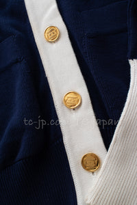 CHANEL 91A Vintage Navy Blue White Cotton Knit Cardigan Matelasse CC Gold Buttons 38 40 ヴィンテージ ネイビー ホワイト コットン バイカラー ニット カーディガン マトラッセ ゴールドボタン 即発