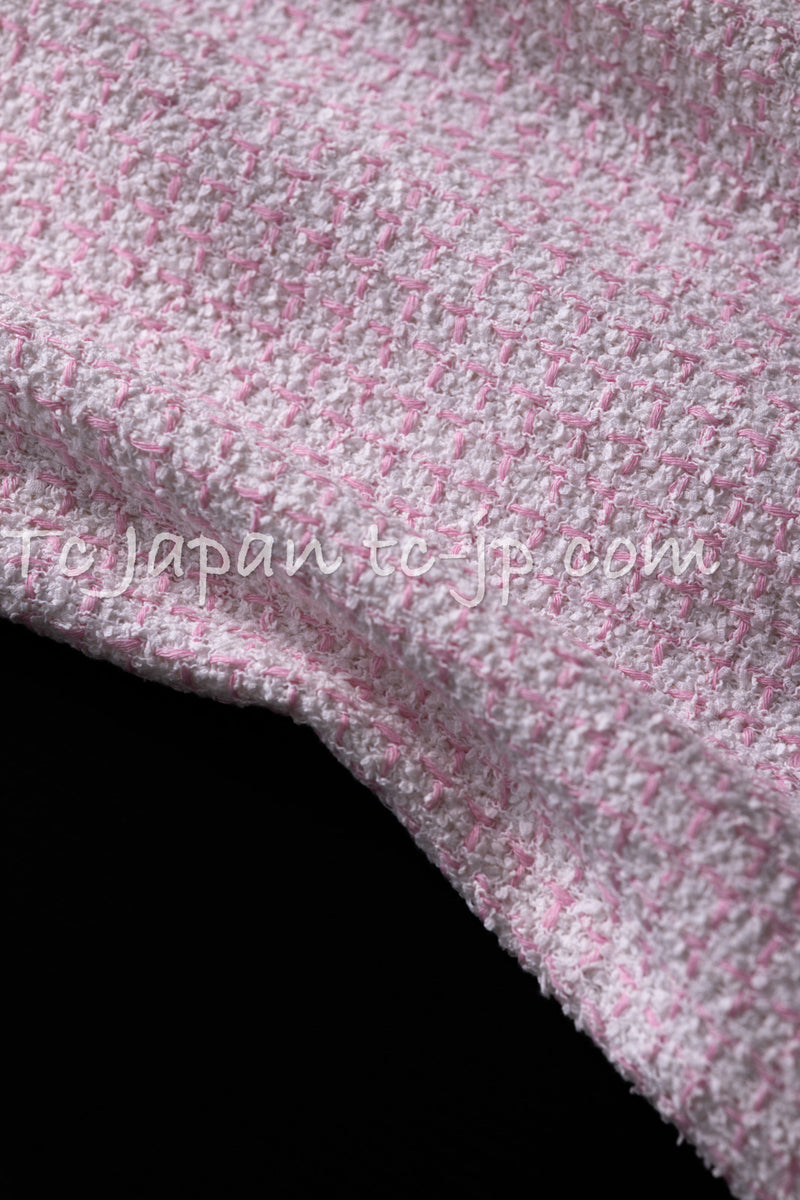 CHANEL 19C Pink White LA Pausa CC Logo Rhinestone Cotton Tweed Dress 36 シャネル ピンク ホワイト ラパウザ コットン ツイード CCロゴ ラインストーン ツイード  ワンピース