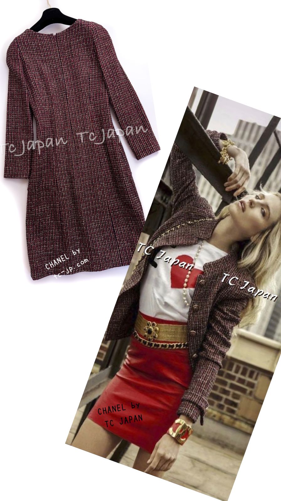 CHANEL 12PF Burgundy Wine Red Gold Silver Tweed Dress 36 シャネル  バーガンディー・ワインレッド ・ゴールド・シルバー・ツイード・ワンピース 即発