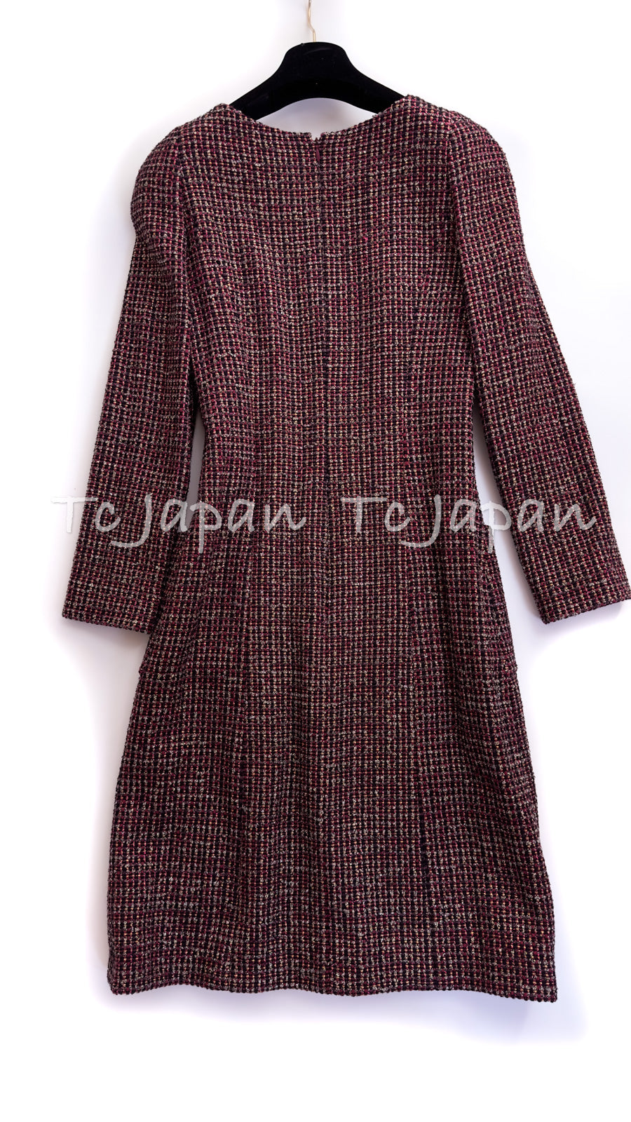 CHANEL 12PF Burgundy Wine Red Gold Silver Tweed Dress 36 シャネル  バーガンディー・ワインレッド ・ゴールド・シルバー・ツイード・ワンピース 即発