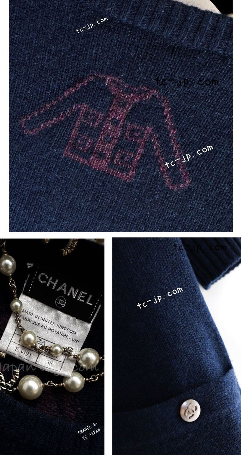 CHANEL 08A Navy Cashmere 100 Cardigan Motif Knit Dress 38 シャネル ネイビー カシミア100 カーディガン モチーフ ニット ワンピース 即発