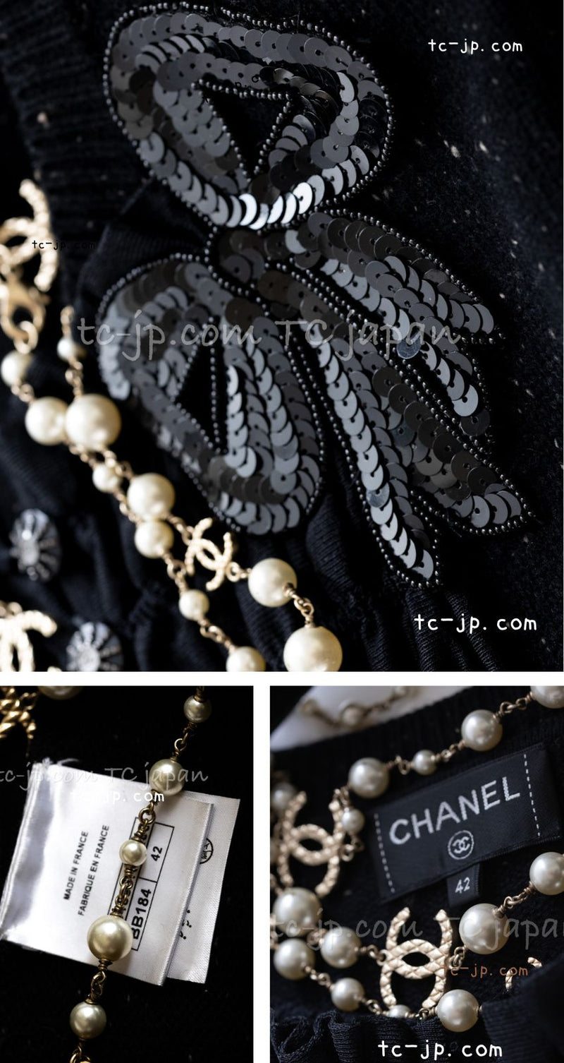 CHANEL 16B Black Sequin Embellishments Wool Cashmere Knit Long Dress 40 42 シャネル ブラック 蝶々柄スパンコール装飾 ウール カシミヤ ニット ロング ドレス ワンピース 即発