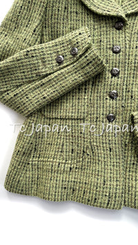 CHANEL 97A Vintage Olive Green Wool Silk Tweed Jacket Skirt Suit 36 シャネル ヴィンテージ オリーブ グリーン ウール シルク ツイード ジャケット スカート スーツ 即発