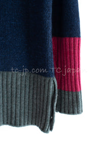 CHANEL 12A Navy Gray Pink Cashmere Wool Knit Sweater CC Logo Buttons 38 シャネル ネイビー グレー ピンク カシミヤ ウール モヘア ニット セーター ココマークボタン 即発