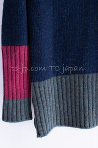 CHANEL 12A Navy Gray Pink Cashmere Wool Knit Sweater CC Logo Buttons 38 シャネル ネイビー グレー ピンク カシミヤ ウール モヘア ニット セーター ココマークボタン 即発