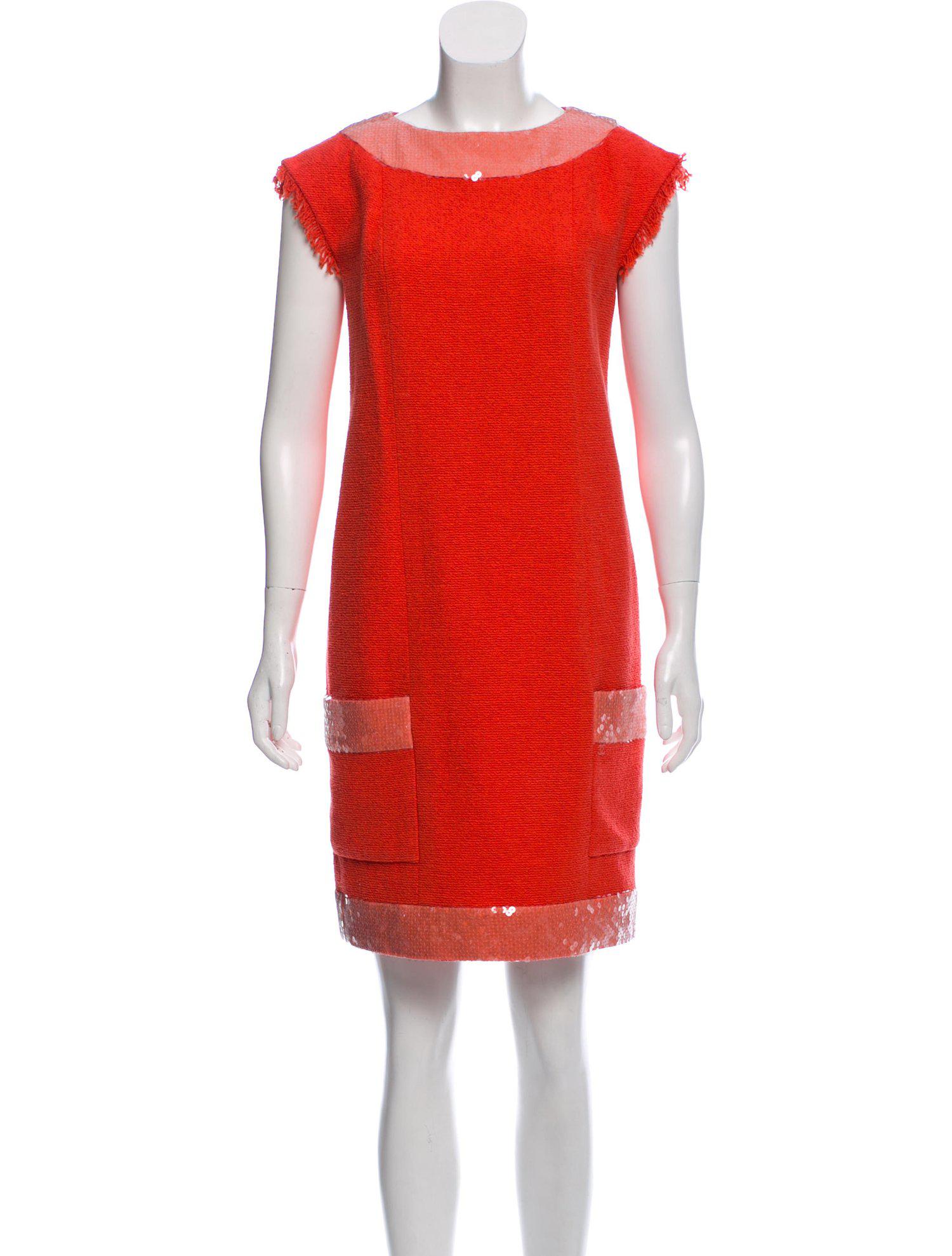 CHANEL 08C Coral Red Fringe Embellished Boucle Jacket Dress 38 シャネル コーラル・スパンコール・ジャケット・ワンピース - CHANEL TC JAPAN