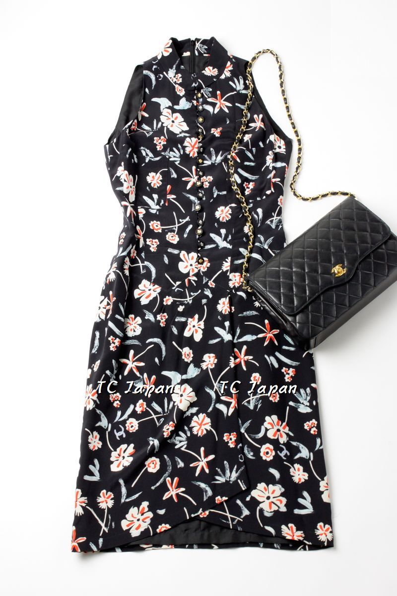 CHANEL 97S Black Sleeveless Flower Dress 38 40 シャネル 花柄ノースリーブ・ワンピース 即発