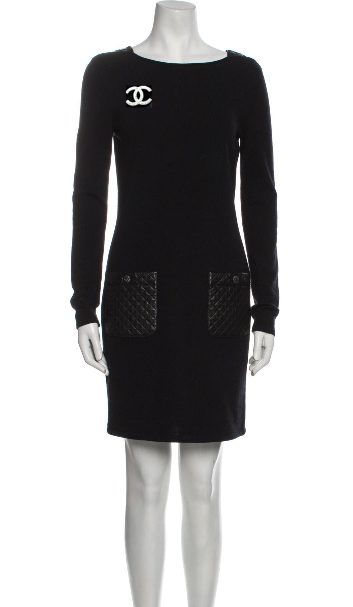 CHANEL 12A Black Wool Cashmere Lambskin Pocket Dress 36 シャネル ブラック ウール カシミア  ラムスキン レザー マトラッセ ポケット ワンピース 即発